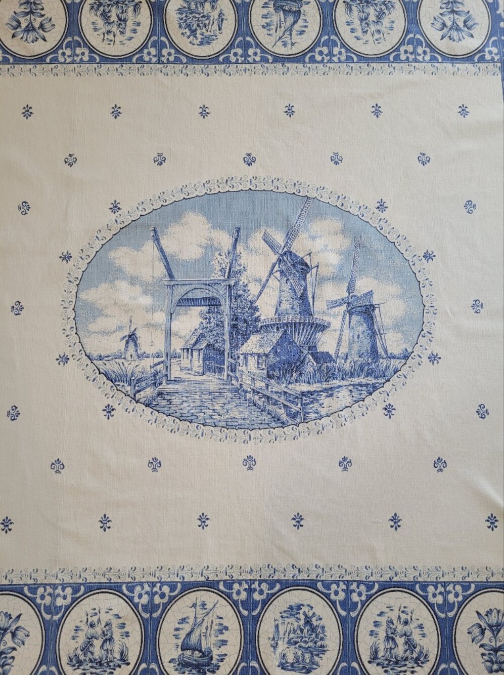 Vintage Delft Blue & White Holland Windmill Tablecloth Fabric Panel